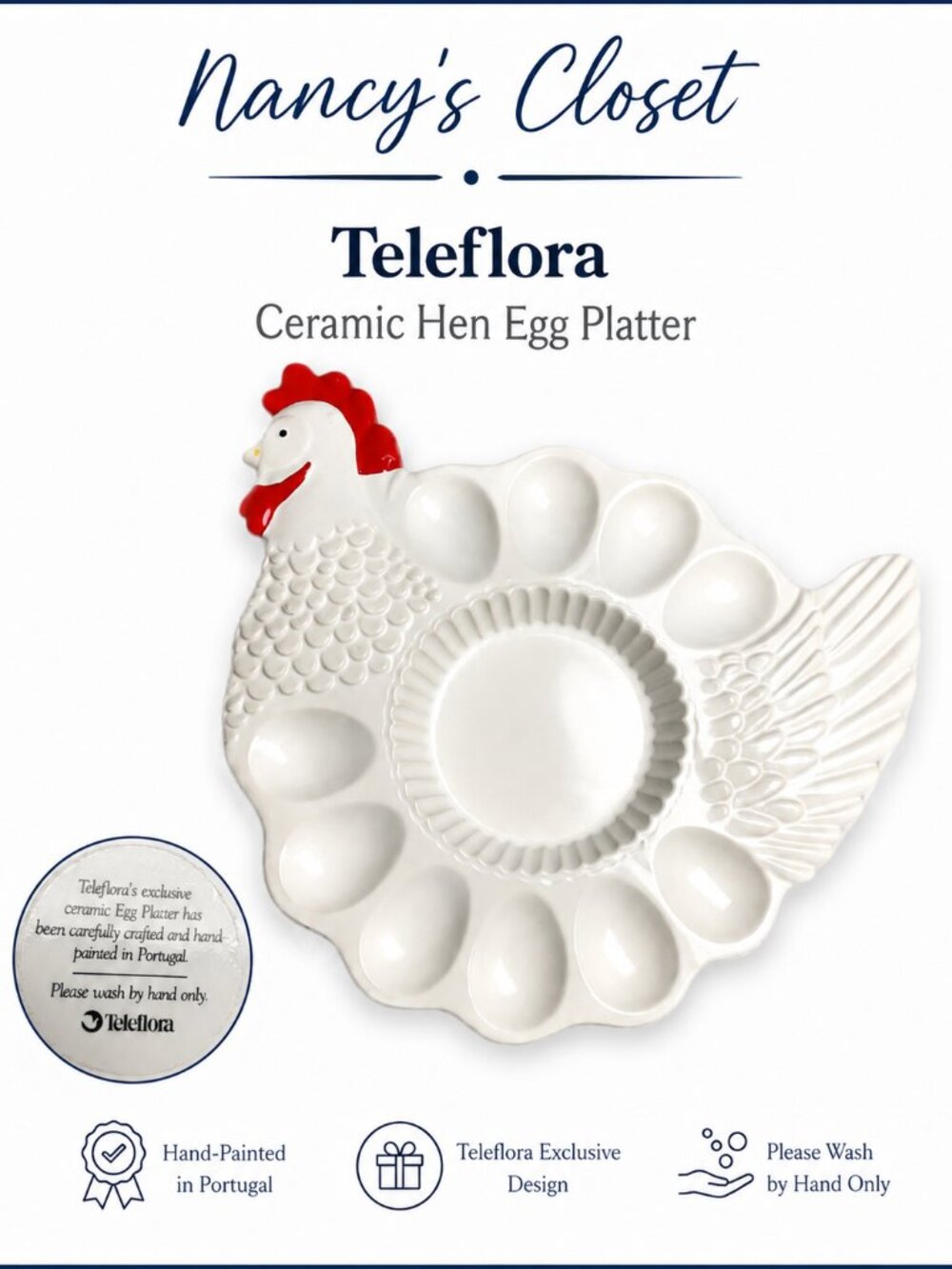Teleflora Ceramic Hen Deviled Egg Platter Hand-Painted Portugal